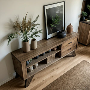 Solid Wood Sideboard with Open Shelves and Storage Drawers