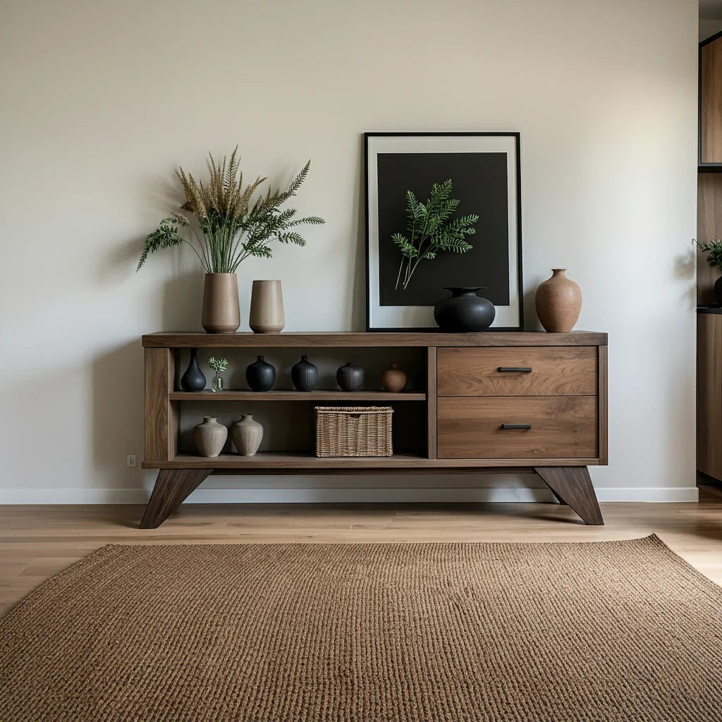 Solid Wood Sideboard with Open Shelves and Storage Drawers