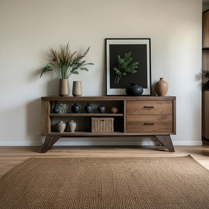 Solid Wood Sideboard with Open Shelves and Storage Drawers