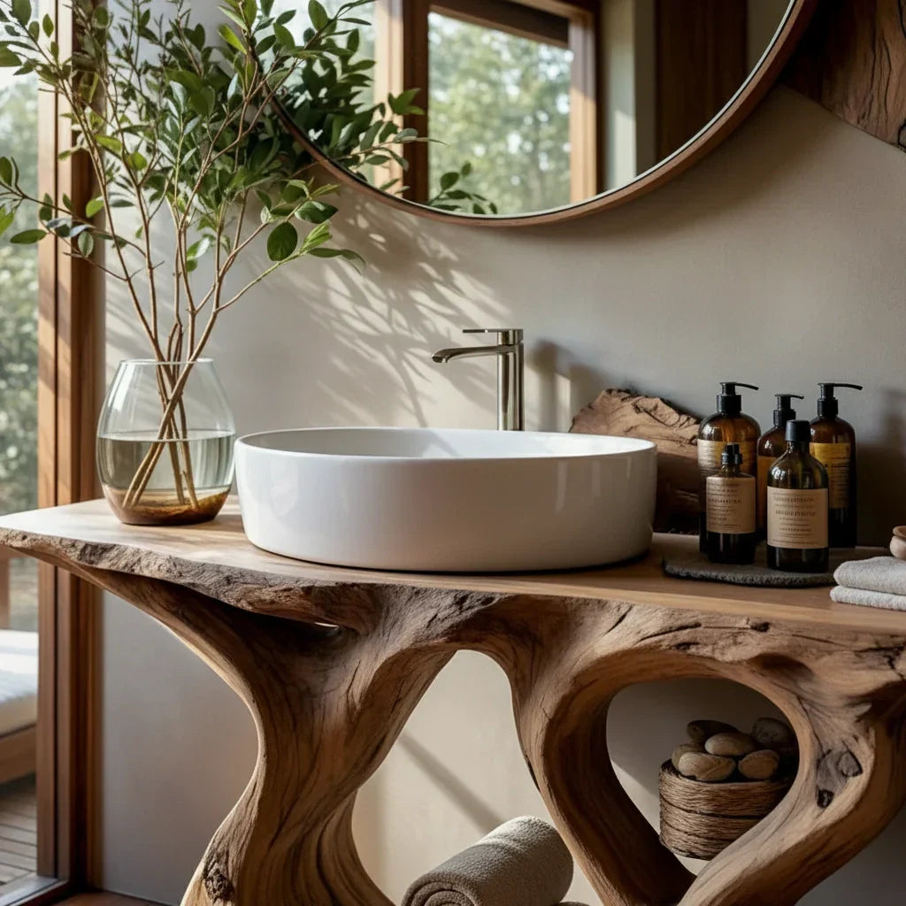 Live Edge Wood Bathroom Vanity with Root-Style Base