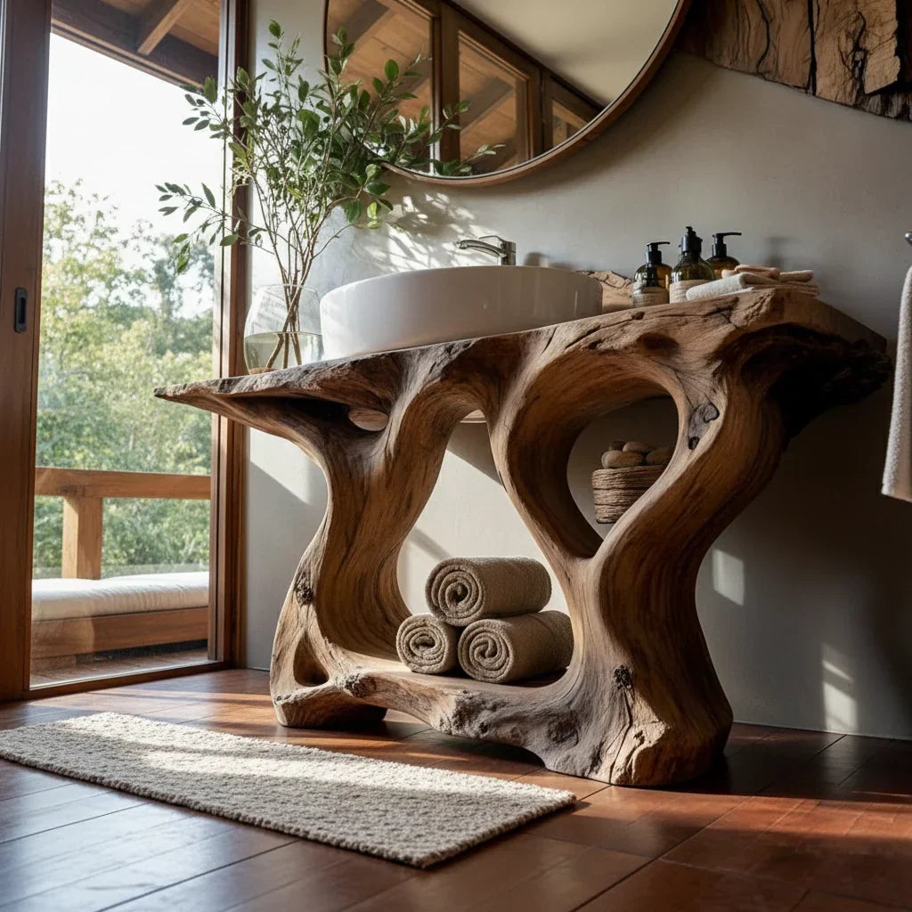 Live Edge Wood Bathroom Vanity with Root-Style Base