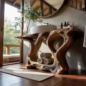 Live Edge Wood Bathroom Vanity with Root-Style Base