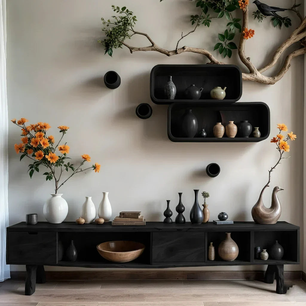 Organic Modern Low Media Console with Open Storage Compartments