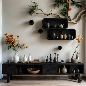 Organic Modern Low Media Console with Open Storage Compartments