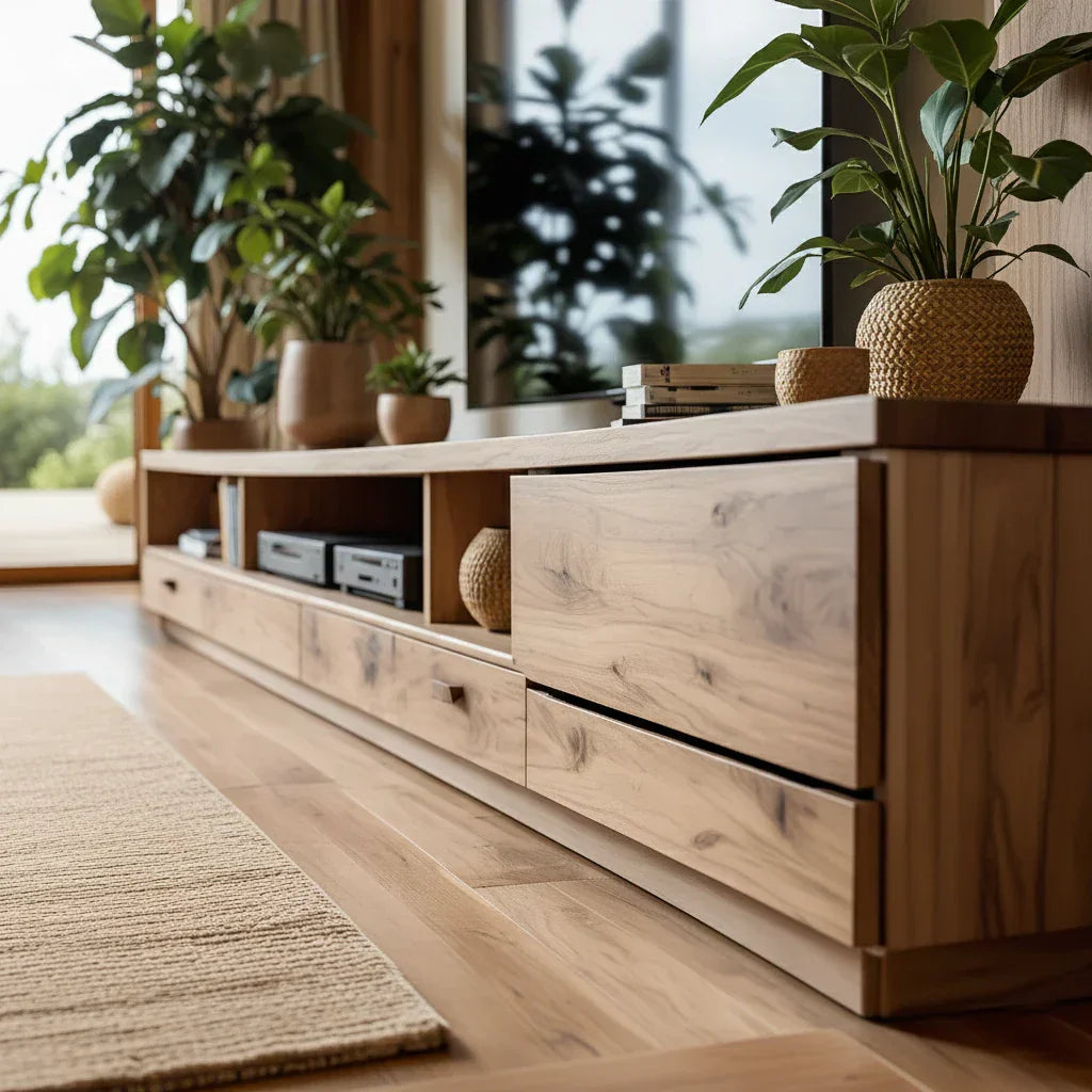 Solid Wood TV Wall Unit with Drawers for Organic Living Room