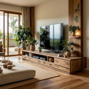 Solid Wood TV Wall Unit with Drawers for Organic Living Room