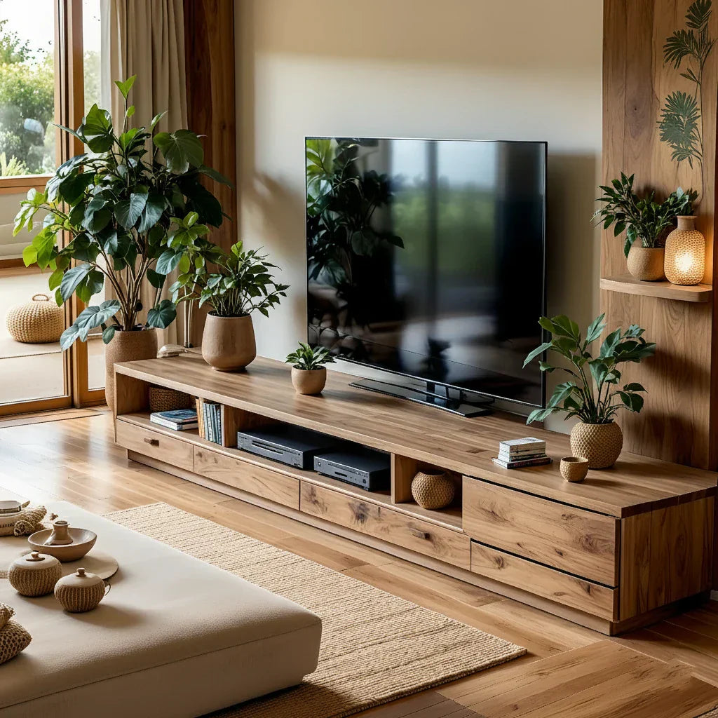 Solid Wood TV Wall Unit with Drawers for Organic Living Room
