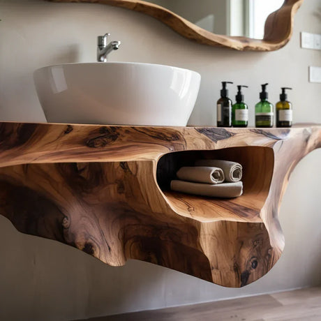 Sculptural Solid Wood Wall-Mounted Bathroom Vanity