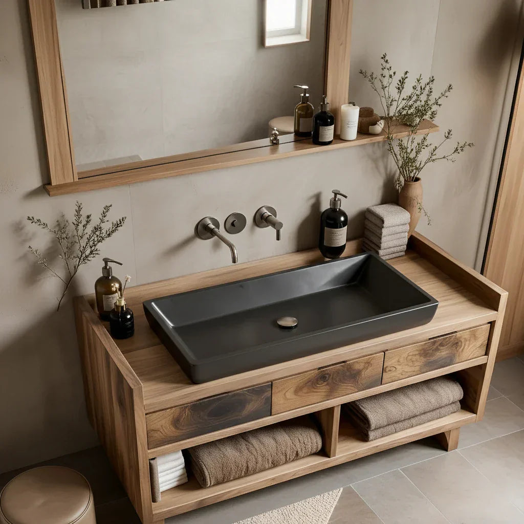Solid Wood Bathroom Vanity with Three Drawers and Open Shelves