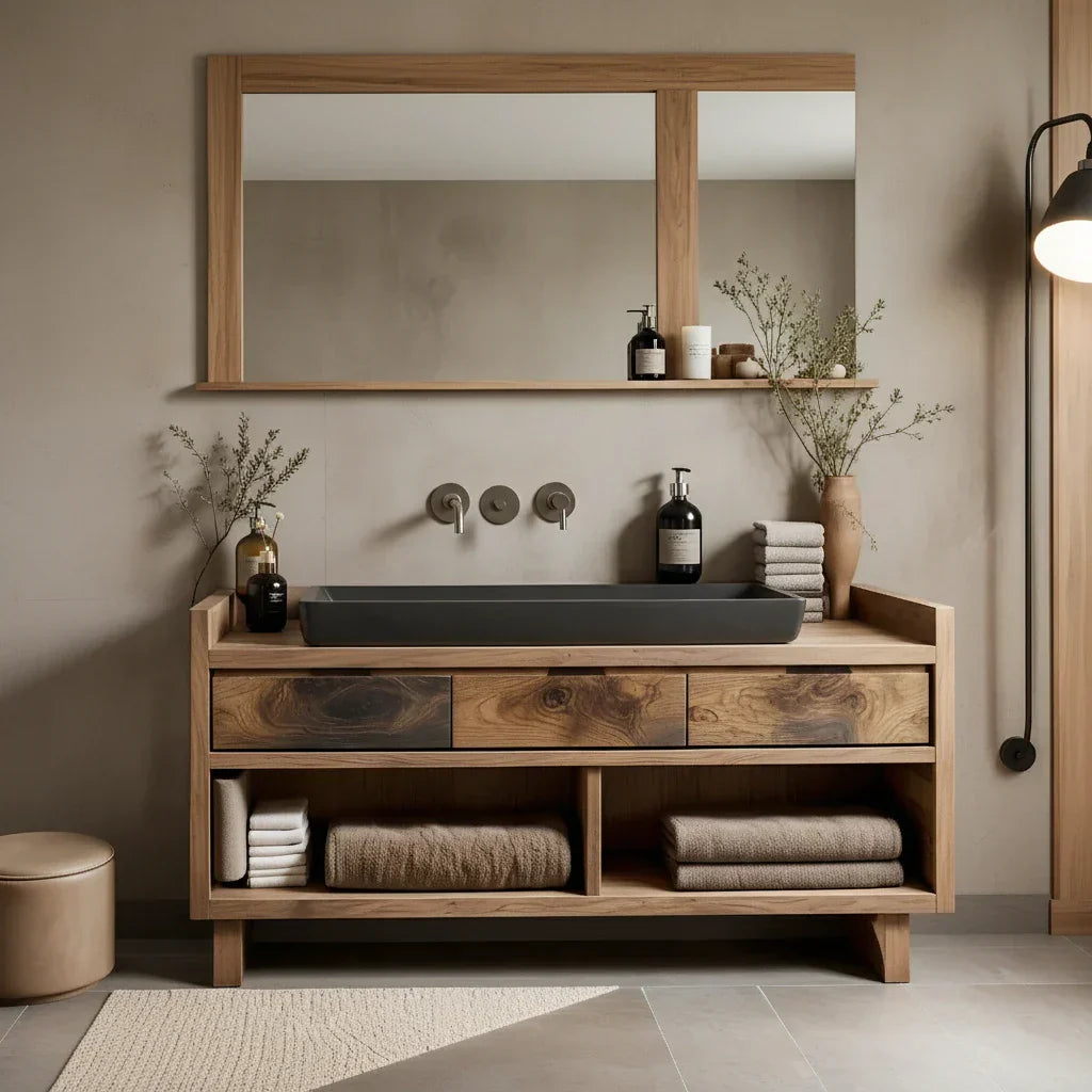 Solid Wood Bathroom Vanity with Three Drawers and Open Shelves