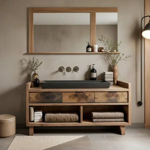 Solid Wood Bathroom Vanity with Three Drawers and Open Shelves