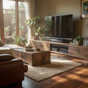 Wood TV Stand with Mixed Storage for Organic Modern Living