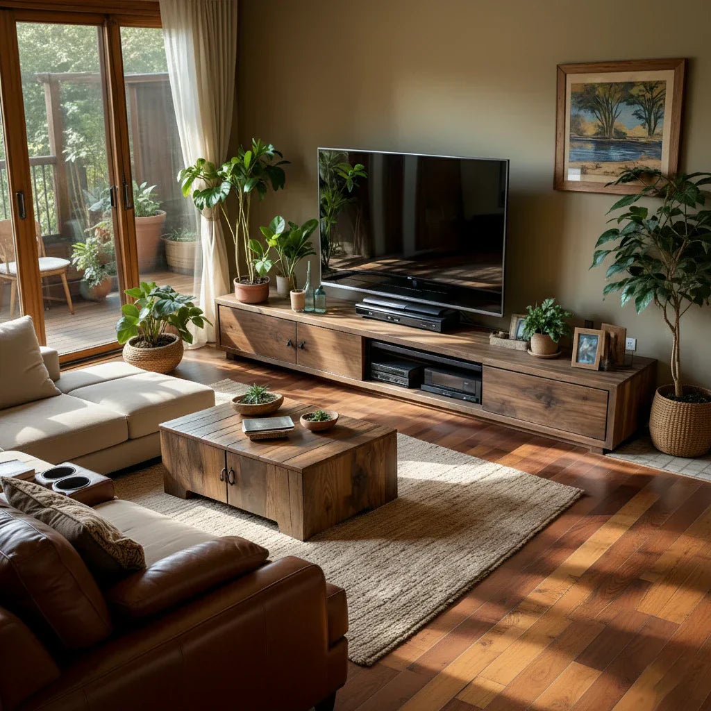 Wood TV Stand with Mixed Storage for Organic Modern Living
