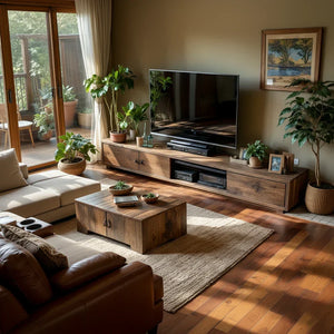 Wood TV Stand with Mixed Storage for Organic Modern Living
