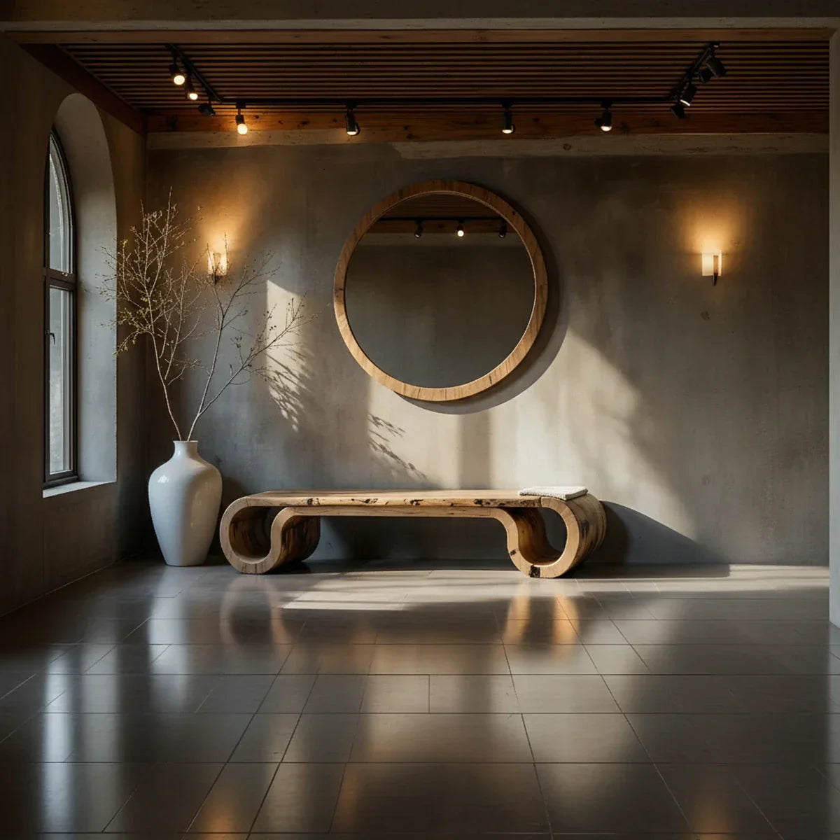 Curved Solid Wood Bench with Double Loop Ends for Modern Entryway