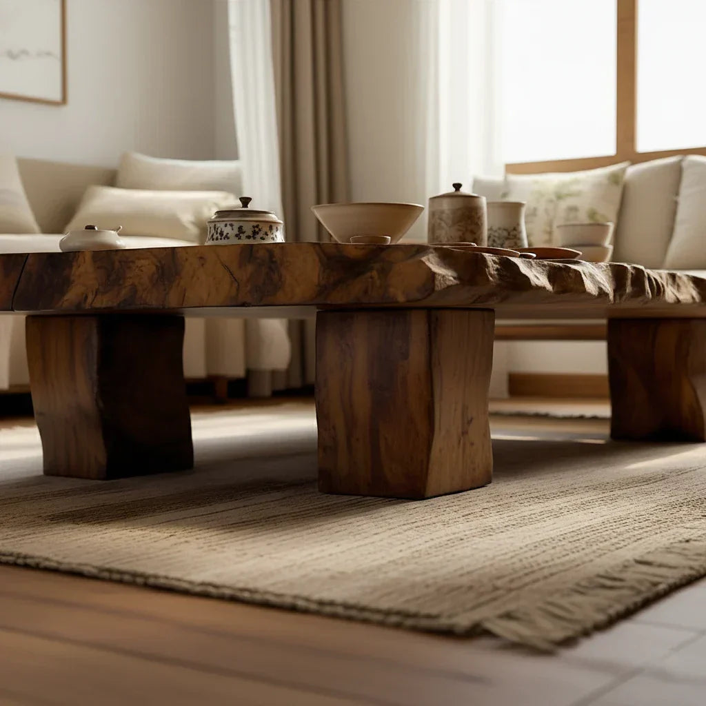 Low Solid-Wood Coffee Table with Textured Edge for Tea Lounges