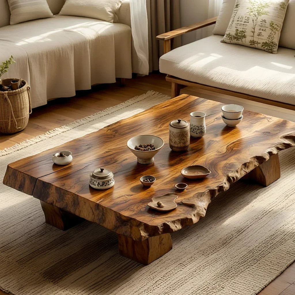 Low Solid-Wood Coffee Table with Textured Edge for Tea Lounges