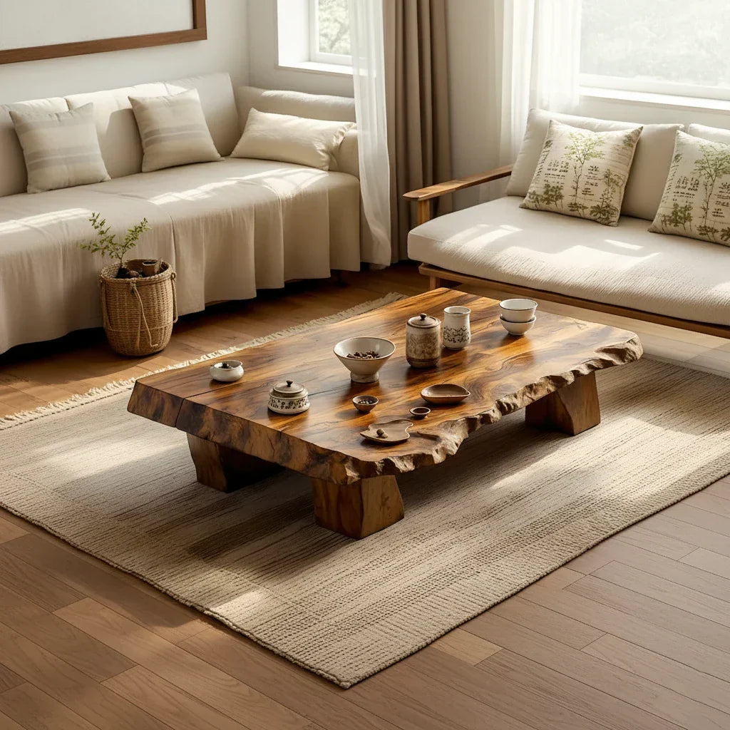 Low Solid-Wood Coffee Table with Textured Edge for Tea Lounges