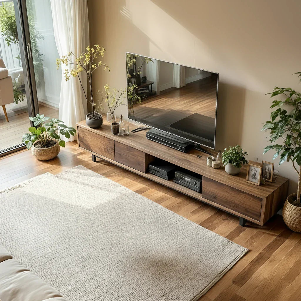 Natural Wood Low TV Console with Closed Storage & Open Center Bay