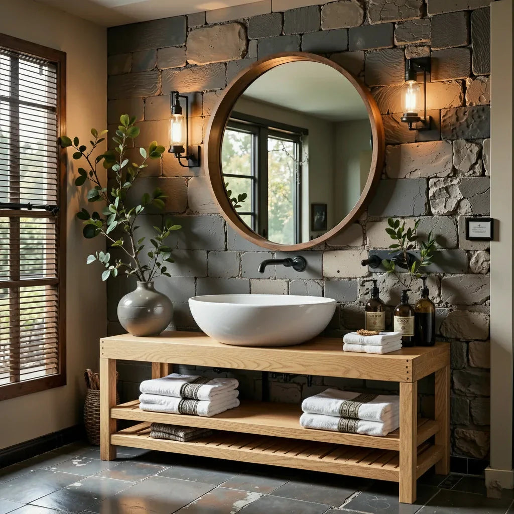 Rustic Solid Wood Bathroom Vanity with Open Slatted Shelf