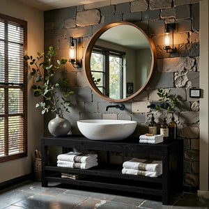 Rustic Solid Wood Bathroom Vanity with Open Slatted Shelf