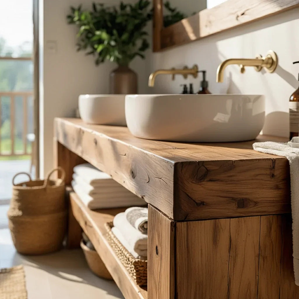 Double Solid Wood Bathroom Vanity with Open Shelf for Modern Home