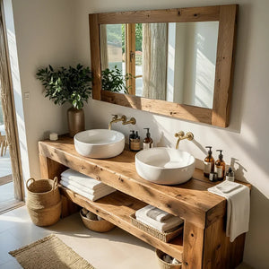 Double Solid Wood Bathroom Vanity with Open Shelf for Modern Home