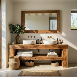 Double Solid Wood Bathroom Vanity with Open Shelf for Modern Home