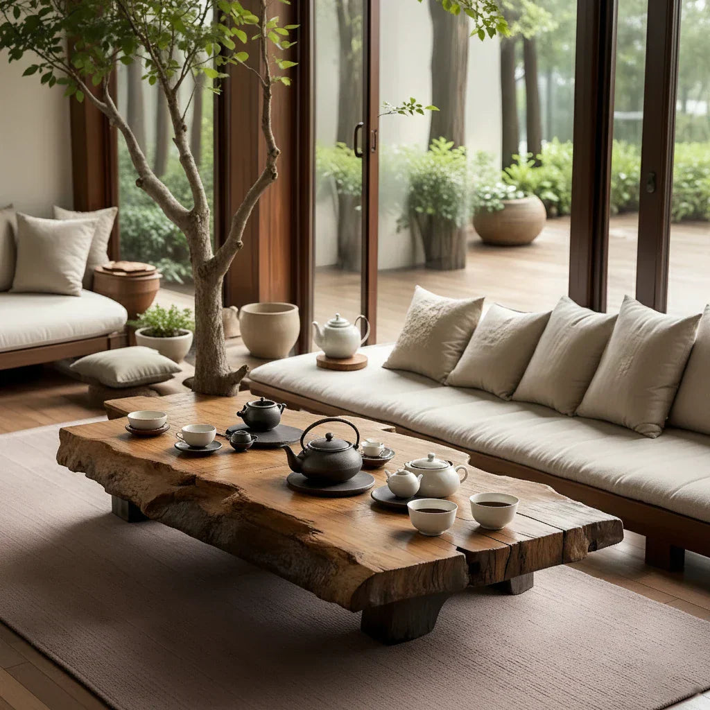 Live-Edge Solid-Wood Tea Table for Indoor–Outdoor Lounges