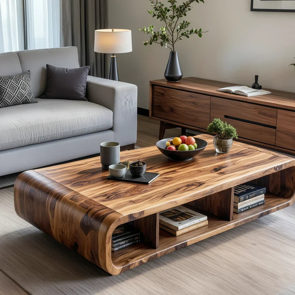 Solid Wood Coffee Table with Curved Storage for Modern Living Rooms
