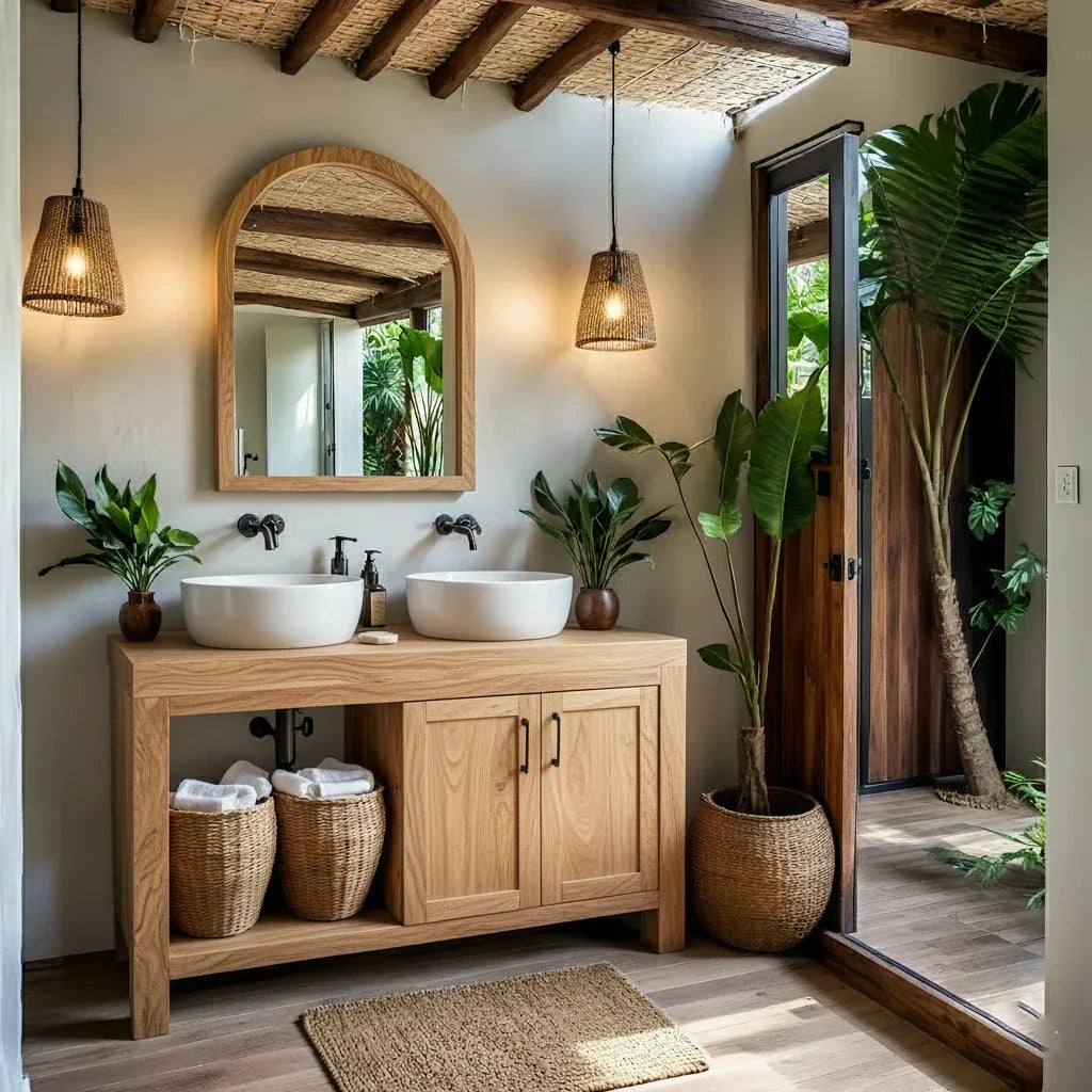 Natural Wood Double Vanity for Island Retreat Bathrooms
