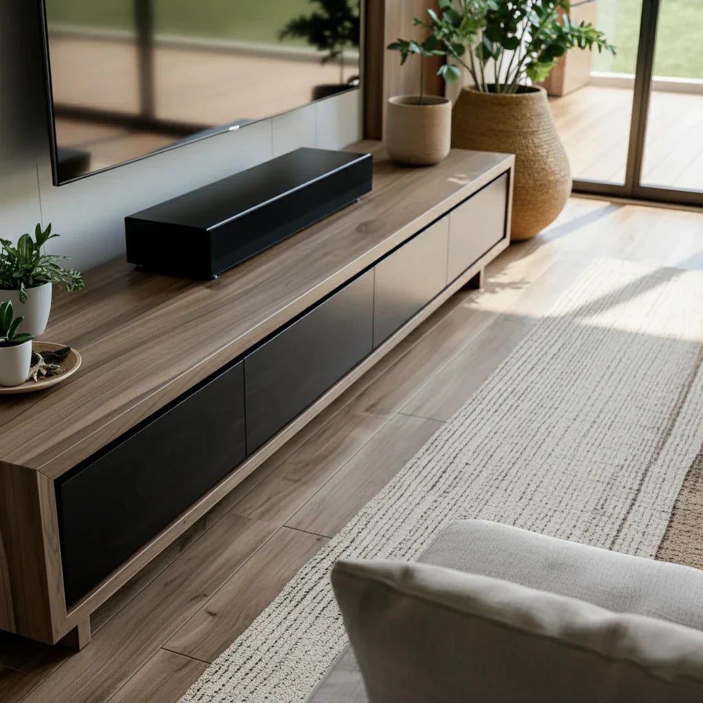 Solid Wood Media Console with Dark Fronts for Modern Living