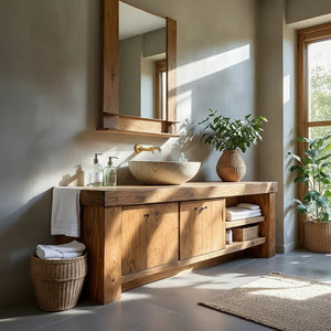 Wood Bathroom Vanity with Open Shelf Storage