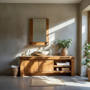 Wood Bathroom Vanity with Open Shelf Storage