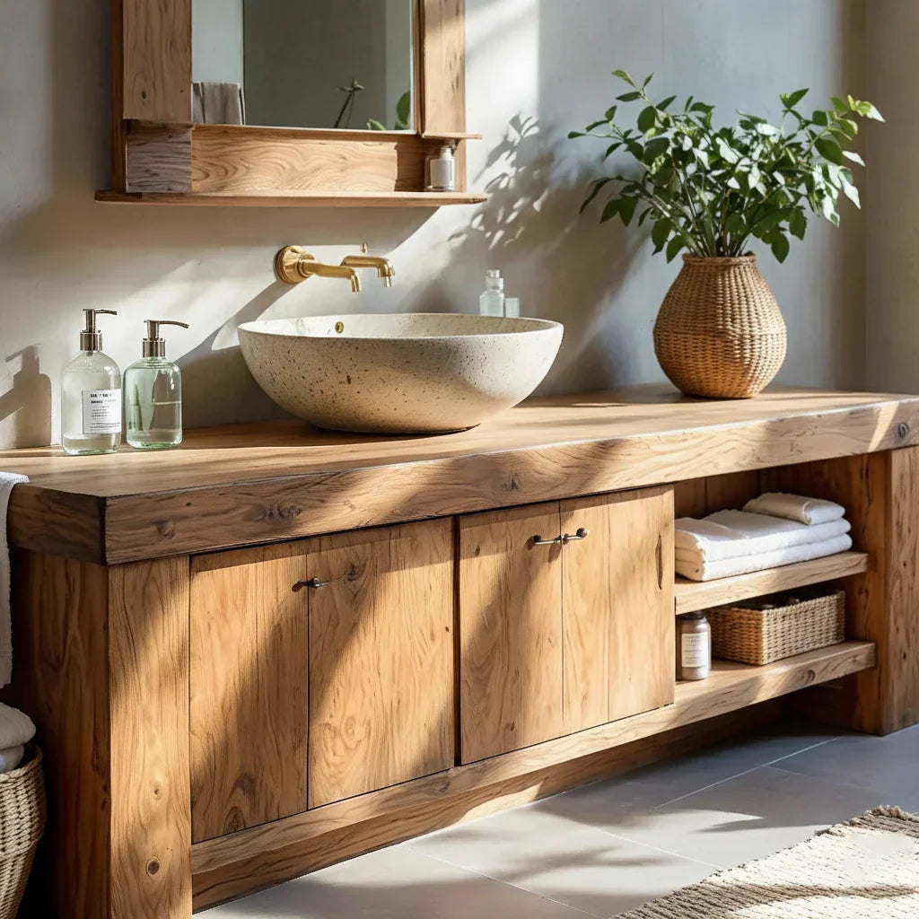 Wood Bathroom Vanity with Open Shelf Storage