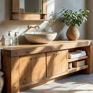 Wood Bathroom Vanity with Open Shelf Storage