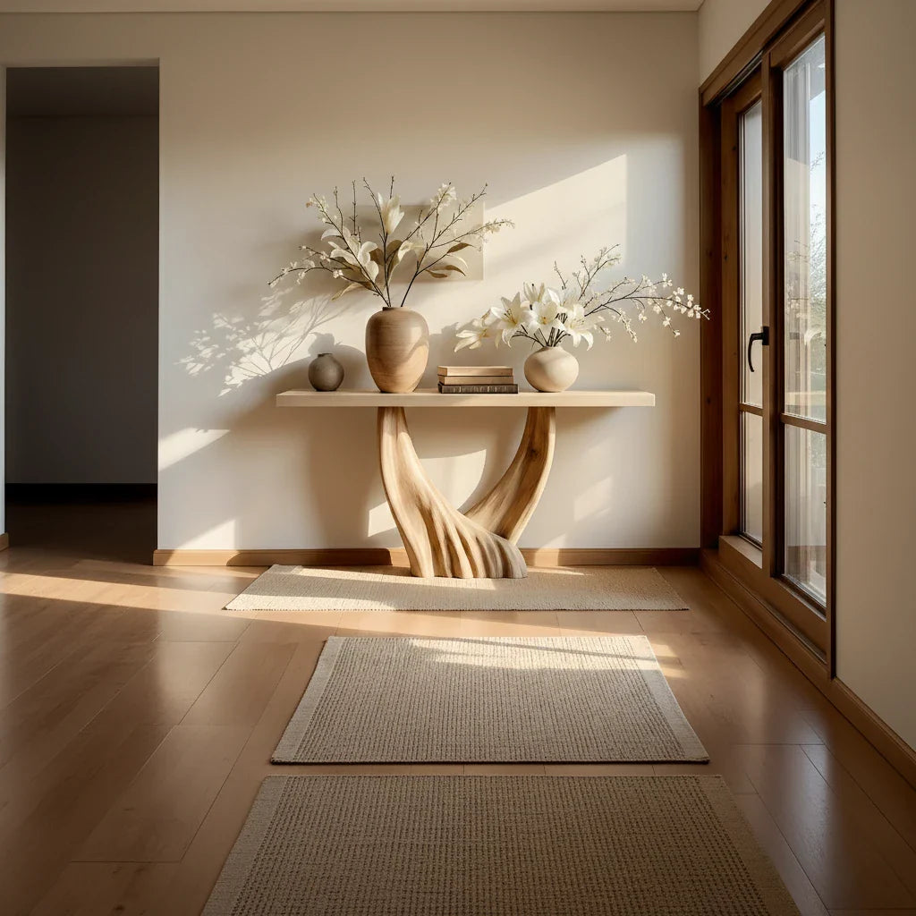 Modern Organic Solid Wood Console Table with Sculpted Flow Base