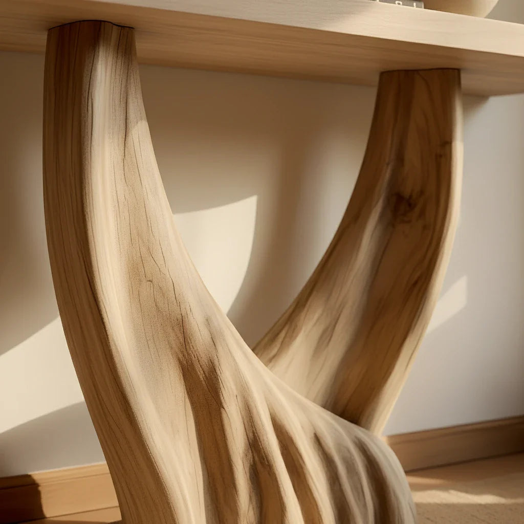 Modern Organic Solid Wood Console Table with Sculpted Flow Base