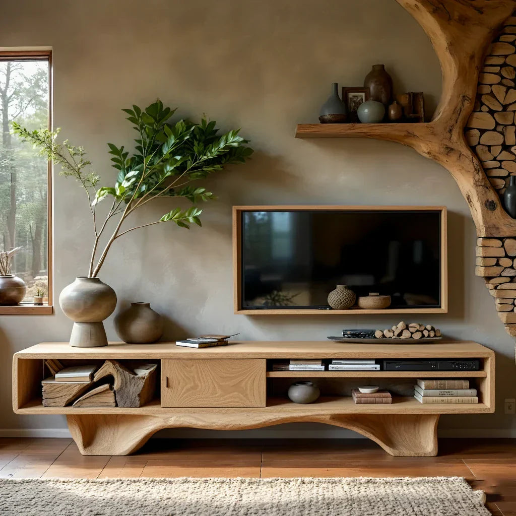 Sculptural Live-Edge Style Media Console with Organic Base