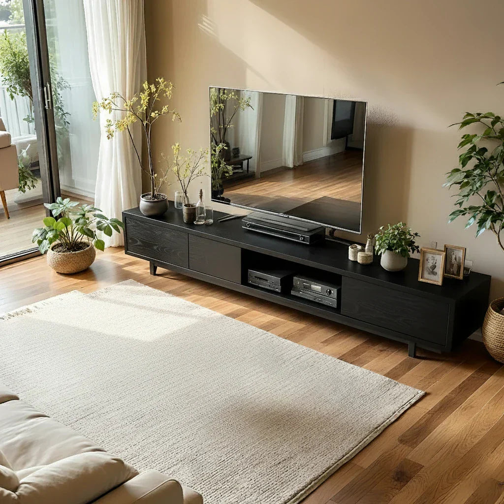 Natural Wood Low TV Console with Closed Storage & Open Center Bay