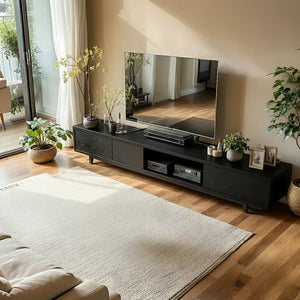 Natural Wood Low TV Console with Closed Storage & Open Center Bay