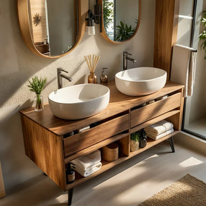 Solid-Wood Double Bathroom Vanity and Open Storage