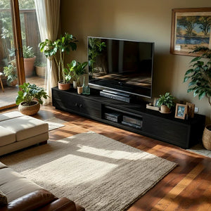 Wood TV Stand with Mixed Storage for Organic Modern Living