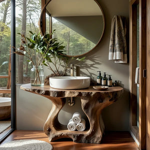 Rustic Live Edge Wood Bathroom Vanity with Open Shelf