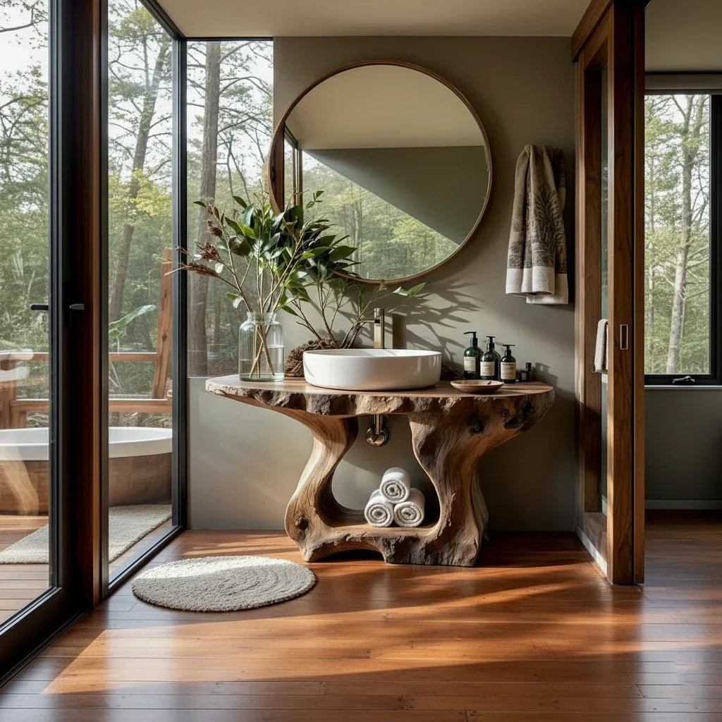 Rustic Live Edge Wood Bathroom Vanity with Open Shelf