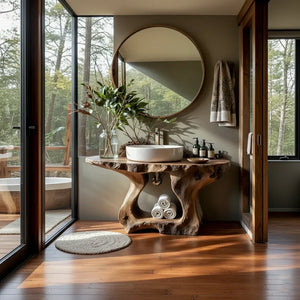 Rustic Live Edge Wood Bathroom Vanity with Open Shelf
