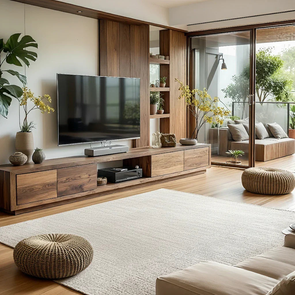 Modern Wood TV Console with Drawers & Open Media Bay