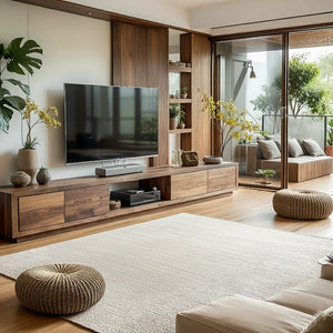 Modern Wood TV Console with Drawers & Open Media Bay