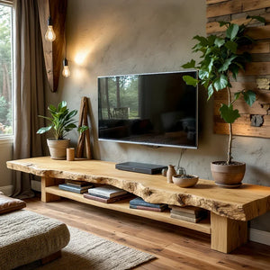 Live-Edge Style TV Console with Thick Slab Top & Open Shelf