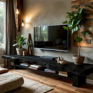 Live-Edge Style TV Console with Thick Slab Top & Open Shelf